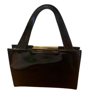 Vintage Black Patent Structured Top Handle Handbag Purse Mad Men 50s Style